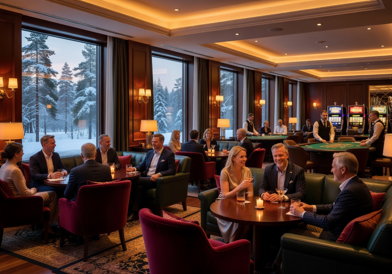 Sophisticated in-hotel casino lounge with warm lighting and social atmosphere