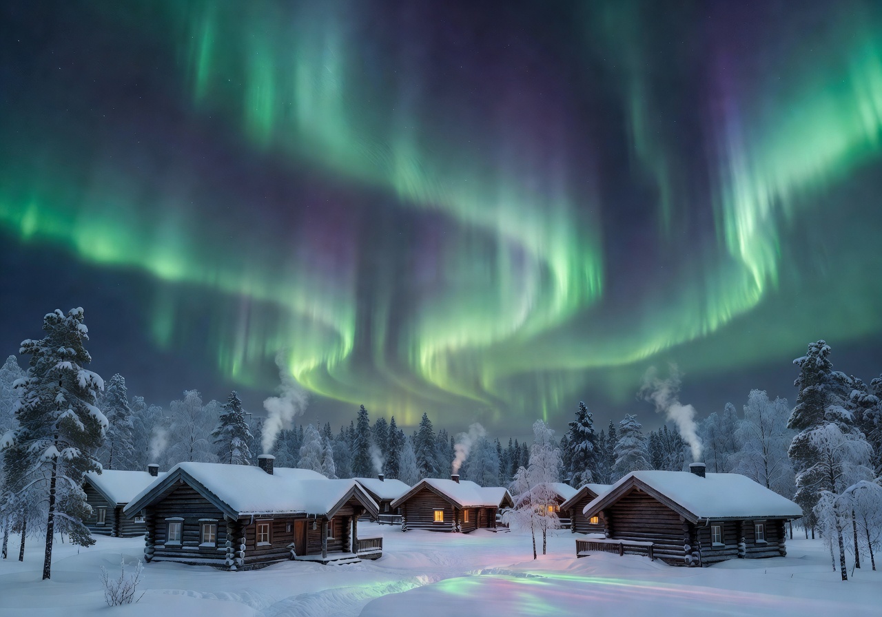 View of the Northern Lights from a cozy resort in Lapland