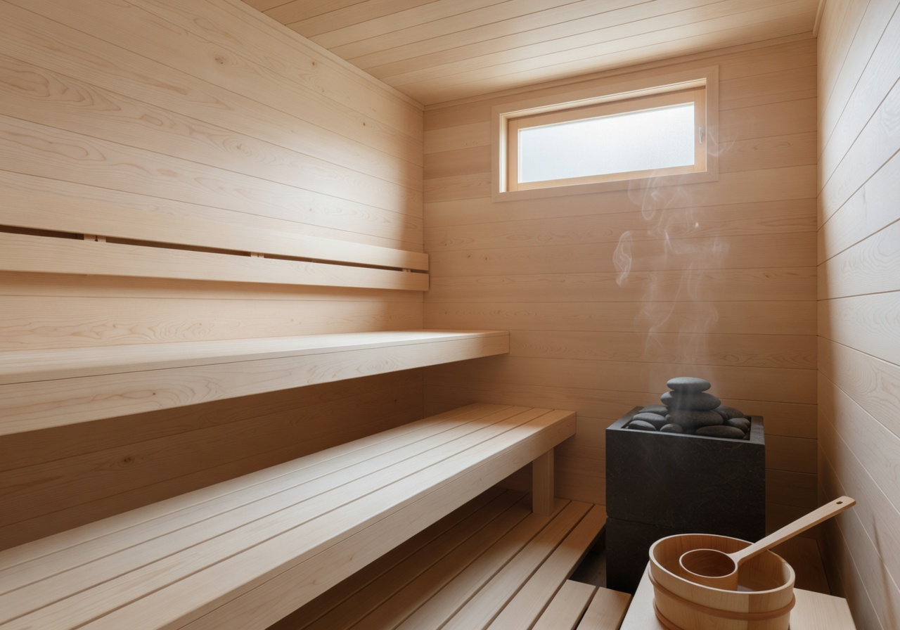 A serene and modern Nordic wooden sauna interior