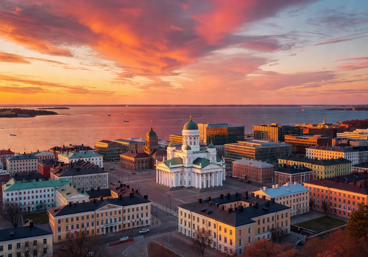 Beautiful view of Helsinki cityscape during sunset