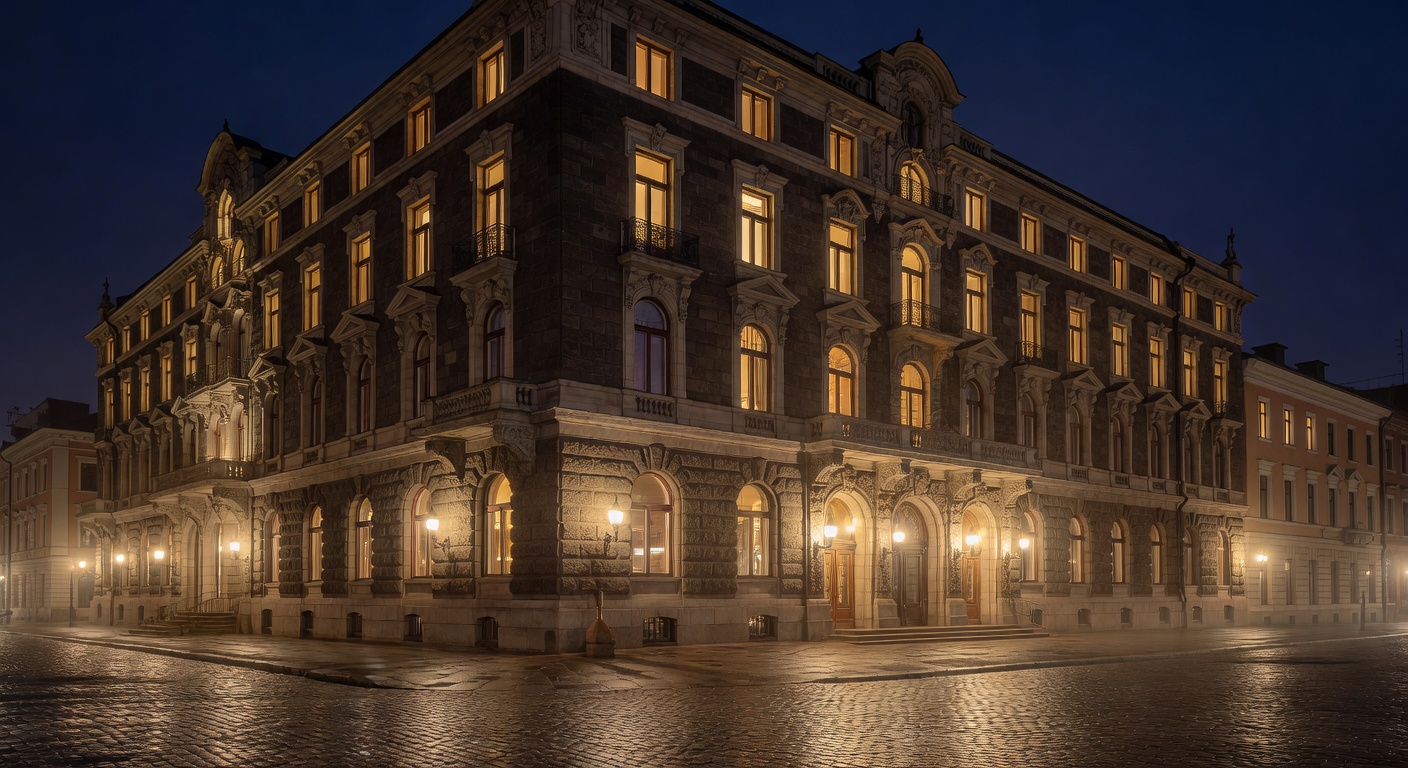 The Helsinki Grand hotel exterior illuminated at night